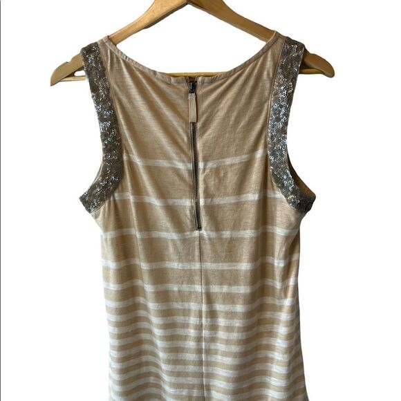 J CREW Silk Sequin Trim Tan & Silver Stripe Cotton High Neck Sleeveless Top S - Picture 4 of 8